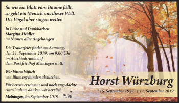 Traueranzeige von Horst Würzburg von Südthüringer Presse