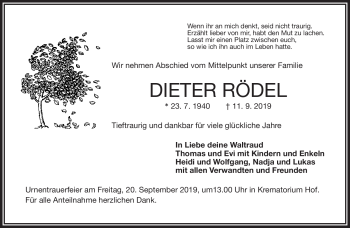Traueranzeige von Dieter Rödel von Frankenpost