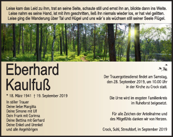 Traueranzeige von Eberhard Kaulfuß von Südthüringer Presse