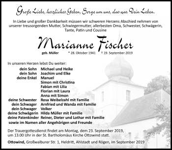 Traueranzeige von Marianne Fischer von Südthüringer Presse