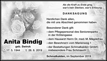 Traueranzeige von Anita Bindig von Südthüringer Presse