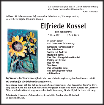Traueranzeige von Elfriede Kassel von Südthüringer Presse