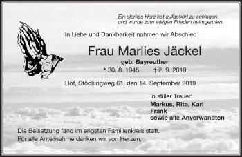 Traueranzeige von Marlies Jäckel von Frankenpost