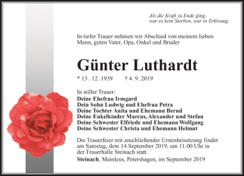 Traueranzeige von Günter Luthardt von Südthüringer Presse