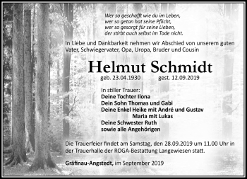 Traueranzeige von Helmut Schmidt von Südthüringer Presse
