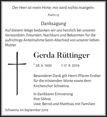 Traueranzeige von Gerda Rüttinger von Südthüringer Presse