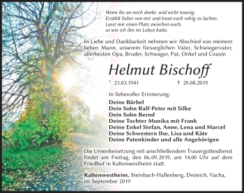 Traueranzeige von Helmut Bischoff von Südthüringer Presse
