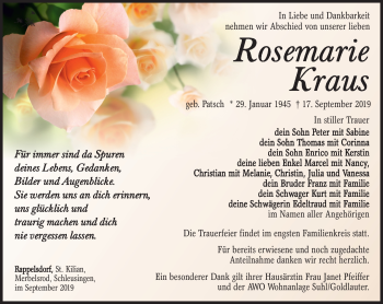 Traueranzeige von Rosemarie Kraus von Südthüringer Presse