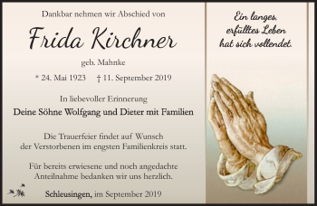 Traueranzeige von Frida Krichner von Südthüringer Presse