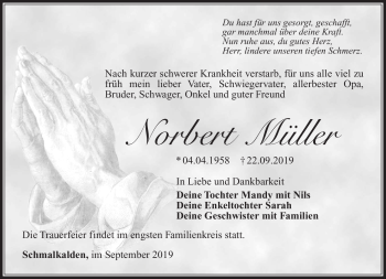 Traueranzeige von Norbert Müller von Südthüringer Presse