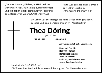 Traueranzeige von Thea Döring von Frankenpost