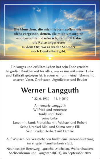 Traueranzeige von Werner Langguth von Südthüringer Presse