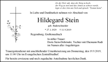 Traueranzeige von Hildegard Stein von Frankenpost
