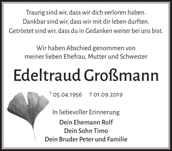 Traueranzeige von Edeltraud Großmann von Südthüringer Presse