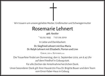 Traueranzeige von Resomarie Lehnert von Neue Presse Coburg