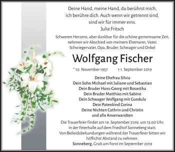 Traueranzeige von Wolfgang Fischer von Südthüringer Presse