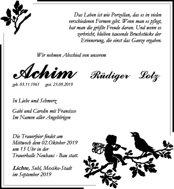 Traueranzeige von Achim Rüdiger Lotz von Südthüringer Presse