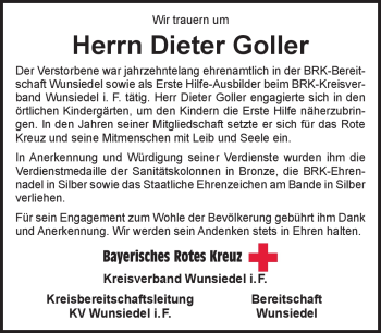 Traueranzeige von Dieter Goller von Frankenpost