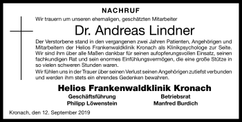 Traueranzeige von Andreas Lindner von Neue Presse Coburg