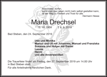 Traueranzeige von Maria Drechsel von Frankenpost