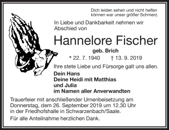 Traueranzeige von Hannelore Fischer von Frankenpost