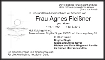 Traueranzeige von Agnes Fleißner von Frankenpost
