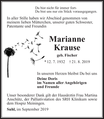Traueranzeige von Marianne Krause von Südthüringer Presse