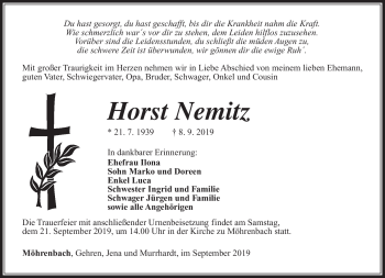 Traueranzeige von Horst Nemitz von Südthüringer Presse