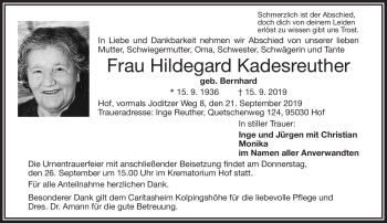 Traueranzeige von Hildegard Kadesreuther von Frankenpost