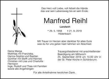 Traueranzeige von Manfred Reihl von Frankenpost