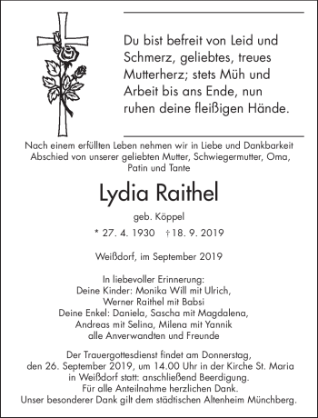 Traueranzeige von Lydia Raithel von Frankenpost