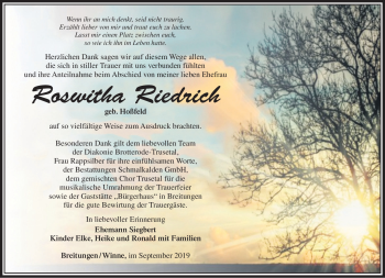 Traueranzeige von Roswitha Riedrich von Südthüringer Presse