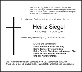 Traueranzeige von Heinz Siegel von Frankenpost
