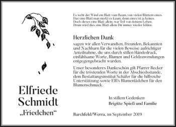 Traueranzeige von Elfriede Schmidt von Südthüringer Presse