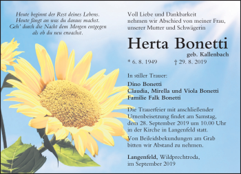 Traueranzeige von Helga Bonetti von Südthüringer Presse