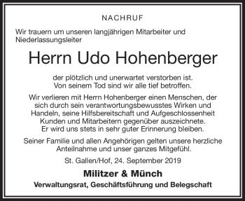 Traueranzeige von Hohenberger Udo von Frankenpost