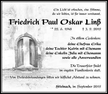Traueranzeige von Friedrich Linß von Südthüringer Presse
