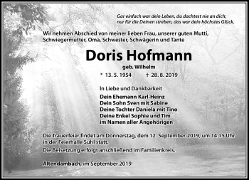 Traueranzeige von Doris Hofmann von Südthüringer Presse