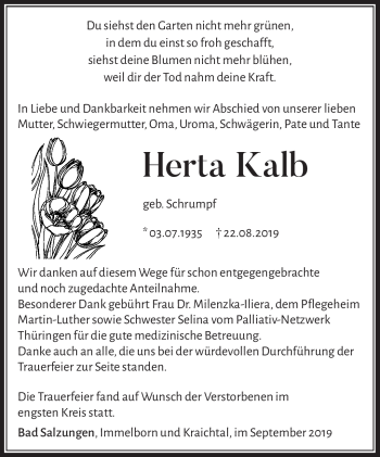 Traueranzeige von Herta Kalb von Südthüringer Presse