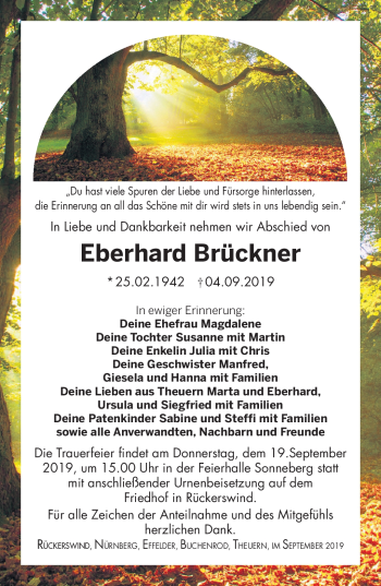 Traueranzeige von Eberhard Brückner von Südthüringer Presse