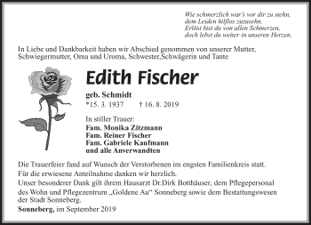 Traueranzeige von Edith Fischer von Südthüringer Presse