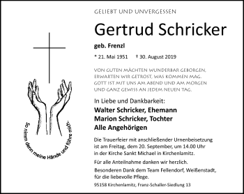 Traueranzeige von Gertrud Schricker von Frankenpost