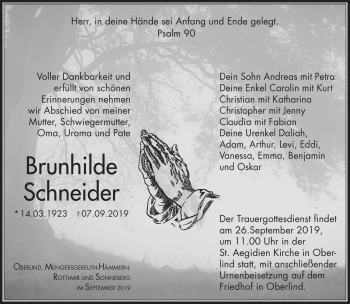 Traueranzeige von Brunhilde Schneider von Südthüringer Presse