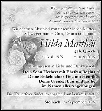 Traueranzeige von Hilda Matthäi von Südthüringer Presse