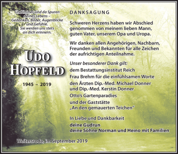 Traueranzeige von Udo Hopfeld von Südthüringer Presse