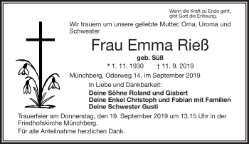 Traueranzeige von Emma Rieß von Frankenpost