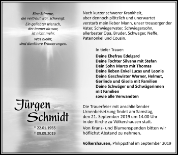 Traueranzeige von Jürgen Schmidt von Südthüringer Presse