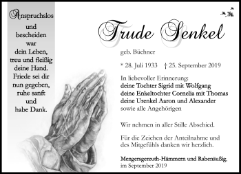 Traueranzeige von Trude Senkel von Südthüringer Presse