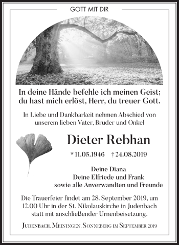 Traueranzeige von Dieter Rebhan von Südthüringer Presse