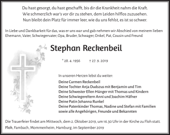 Traueranzeige von Stephan Recknbeil von Südthüringer Presse